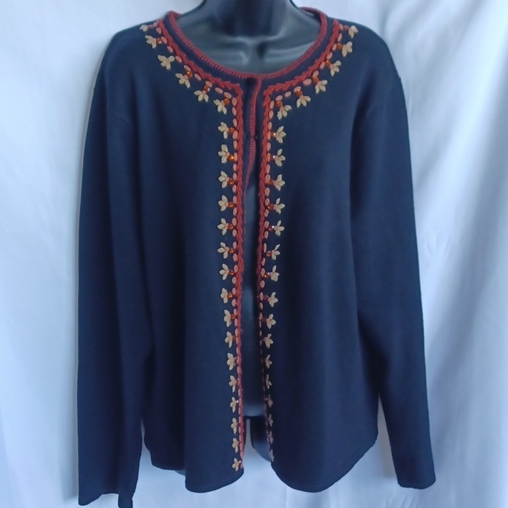 Carducci Womens  Cardigan Sweater Long Sleeve Black, embroidered, ptp - 24"